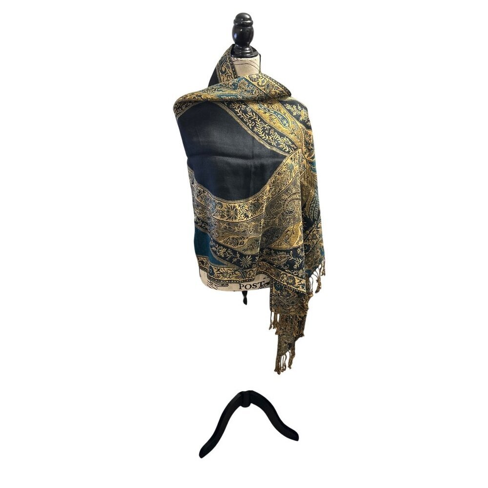 Pashmina Paisley Patterned Reversible Shawl/Wrap With Fringe - Teal & Gold - Wom - Picture 3 of 7